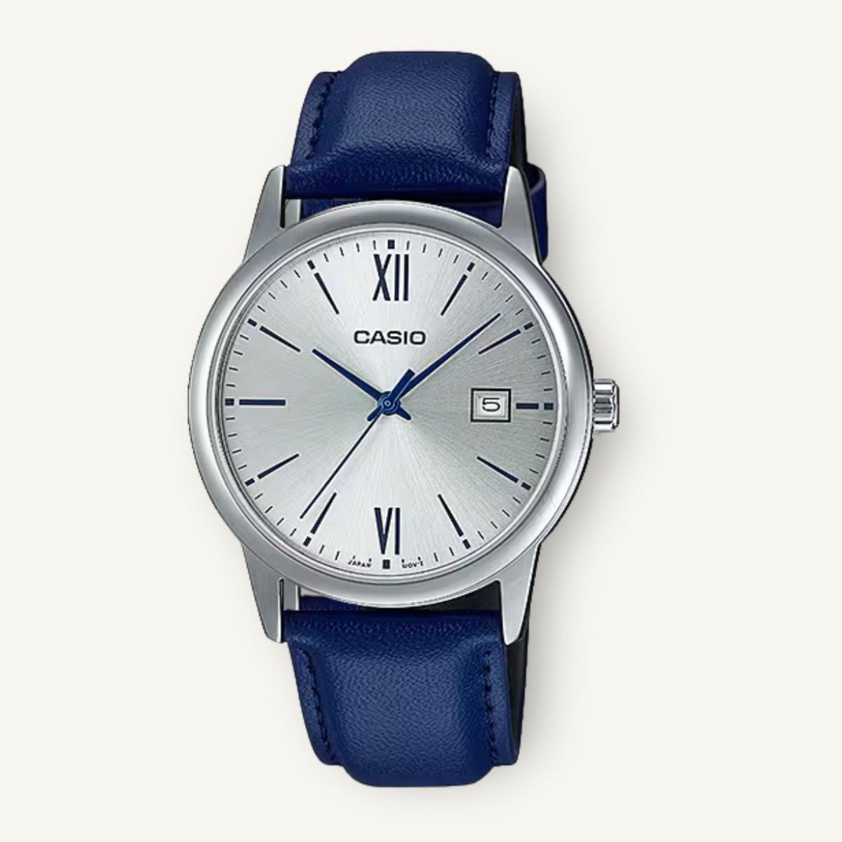 Casio MTP-V002L-2B3UDF front view blue leather strap watch