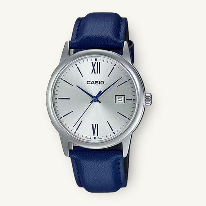 Casio MTP-V002L-2B3UDF front view blue leather strap watch
