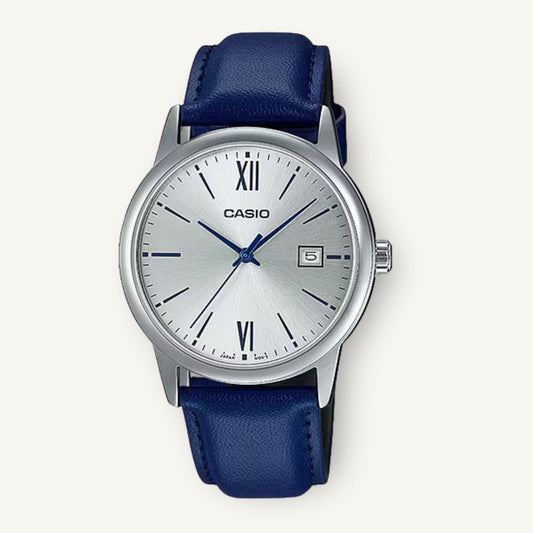 Casio MTP-V002L-2B3UDF front view blue leather strap watch