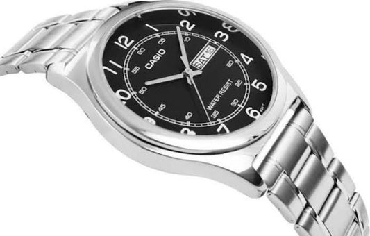 Casio MTP-V006D-1B2UDF angled view silver stainless steel black dial watch