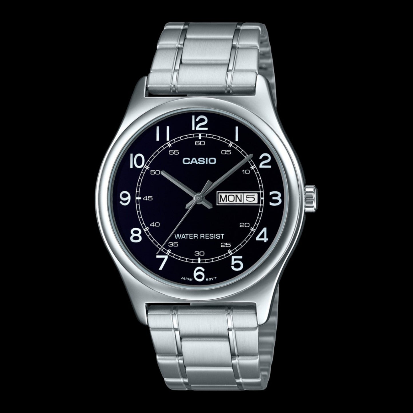 Casio MTP-V006D-1B2UDF front view silver stainless steel black dial watch