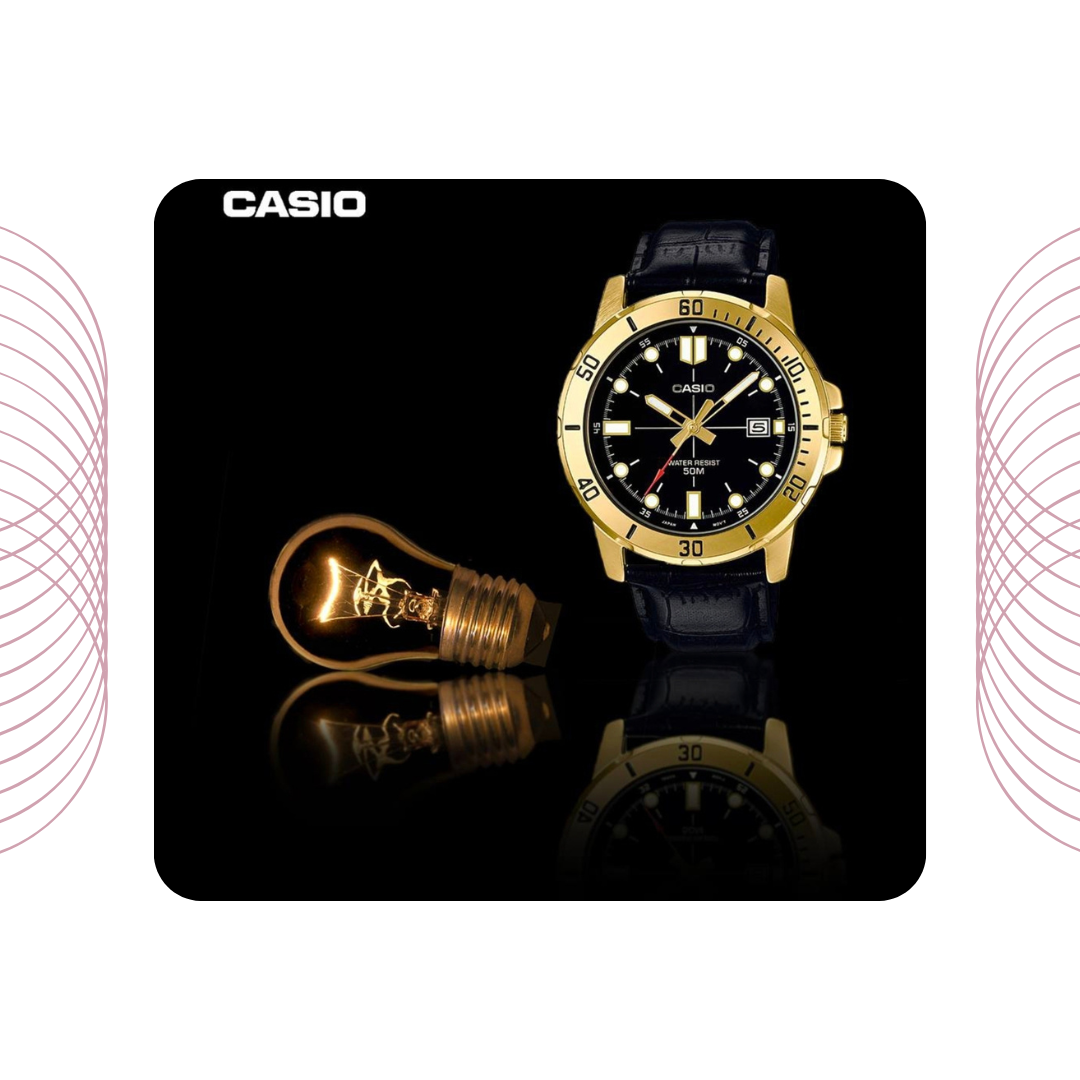 Casio MTP-VD01GL-1EVUDF Men's Gold Tone Leather Strap Watch Black Dial
