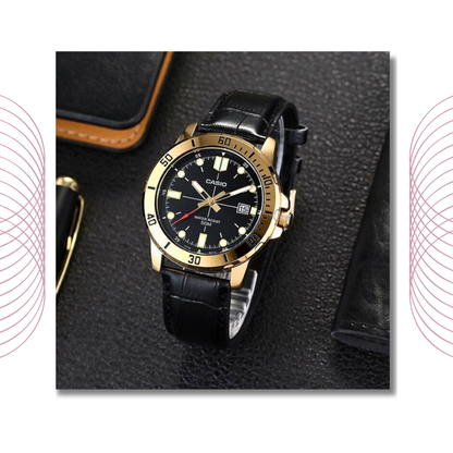 Casio MTP-VD01GL-1EVUDF Men's Gold Tone Leather Strap Watch Black Dial