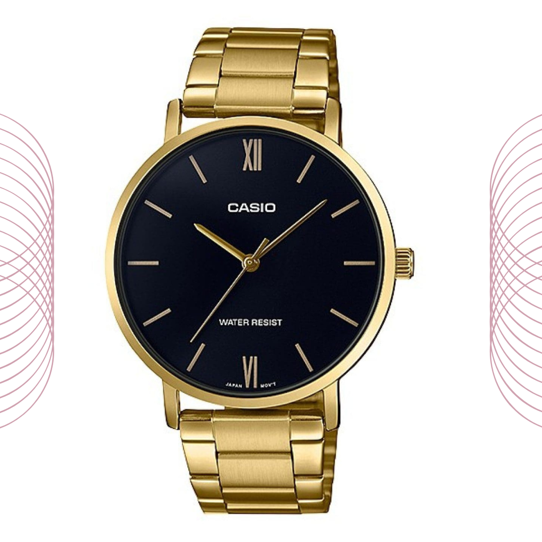 Casio MTP-VT01G-1BUDF Men's Gold Tone Analog Watch Black Dial