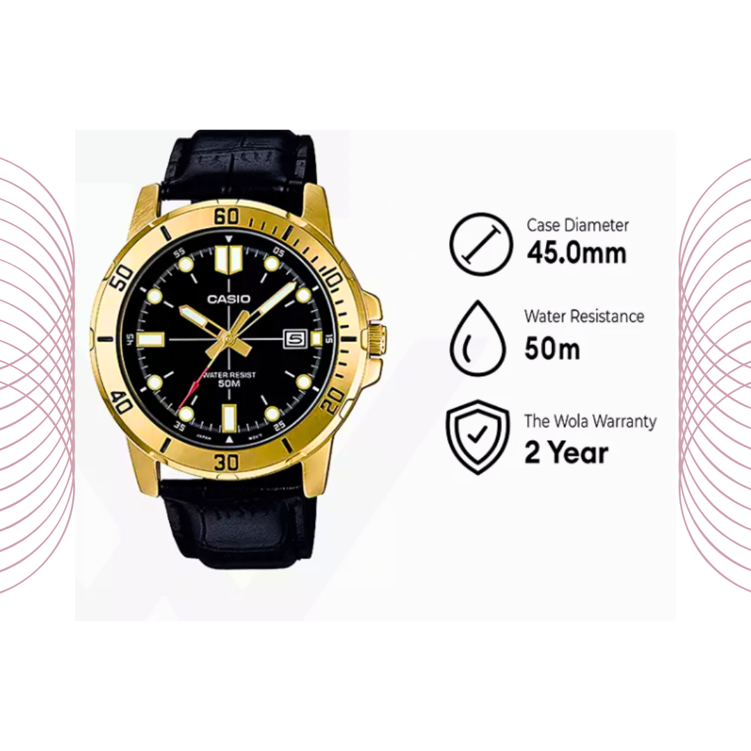 Casio MTP-VD01GL-1EVUDF Men's Gold Tone Leather Strap Watch Black Dial