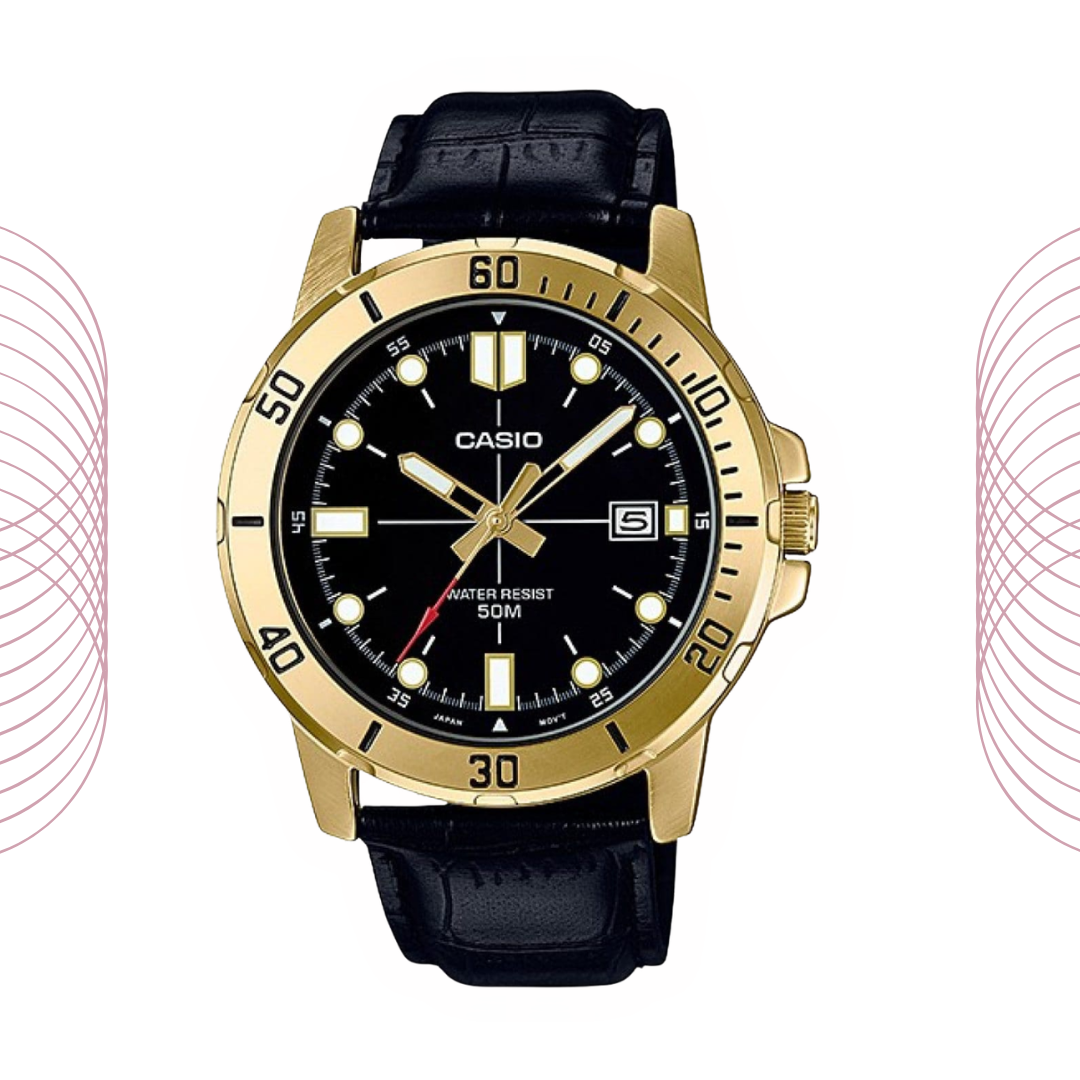 Casio MTP-VD01GL-1EVUDF Men's Gold Tone Leather Strap Watch Black Dial