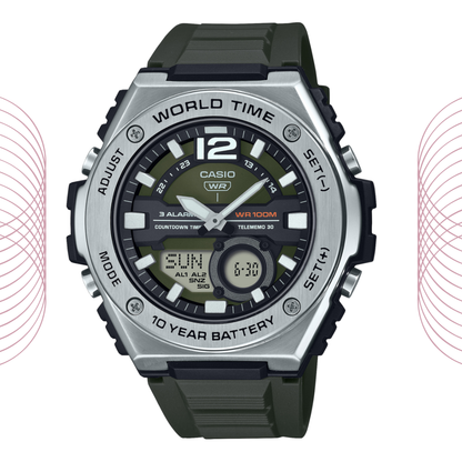 Casio MWQ-100-3AVDF Men's Analog Digital Sports Watch Green Dial